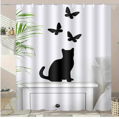 Rideau de douche chat noir et papillon en polyester imperméable 180x180 cm