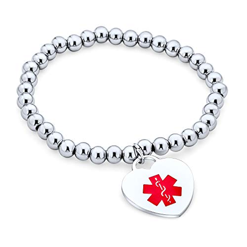 Blank Medical ID Stretch Bead Bracelet Heart Shape Charm Tag Engravable For Women Teen Silver Tone Stainless Steel