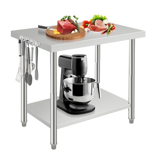 Heavy Duty Stainless Steel Work Table, Commercial Kitchen Food Prep Table with Hooks & Adjustable Under Shelf, Metal Table for Restaurant, Garage and