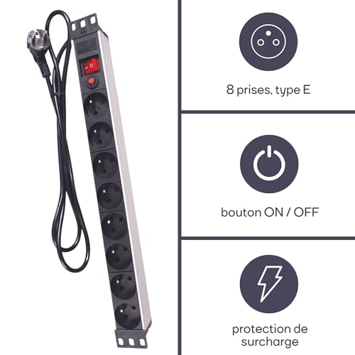 Perel Multiprise PDU 8 Prises, Prises Type E avec Terre, Rack 19 Pouces, 3680 W 16 A, Interrupteur, Protection surtension, câble 2,15 m, Distributeur pour Baie Serveur Bureau IT – vue 4