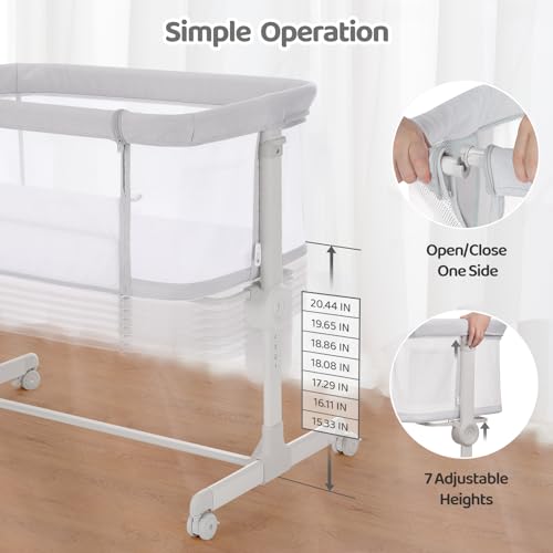 Ezebaby Baby Bassinet Bedside Sleeper, Portable Bedside Bassinet for Baby Newborn Infants with Adjustable 7 Heights and All Mesh Sides, Mattress & Sheet Included - Thumbnail 7