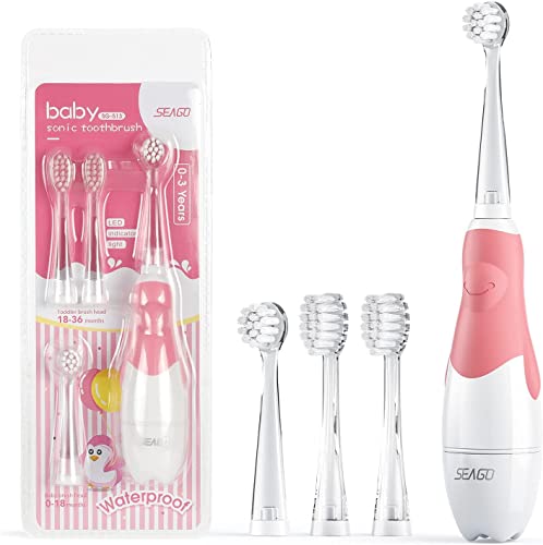 Seago Brosse à Dents électrique pour Enfants de 6 mois à 4 ans,étanche, Minuterie Intelligente,Lampes à LED de Couleur et 4 têtes de Brosse,Batterie Brosse à Dents Pour Bébé à Piles SG513 (Pink)