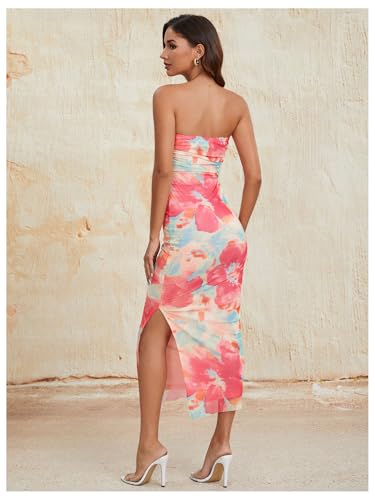 Image of Milumia Women's 2026 Summer Floral Strapeless Tube Top Dresses Side Slit Wedding Guest Bodycon Maxi Dress