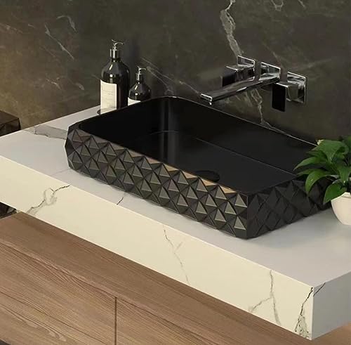Image of Designer Tabletop Ceramic Bathroom Sink | Countertop Wash Basin (Black Diamond, 24 x 14 x 5 Inch)