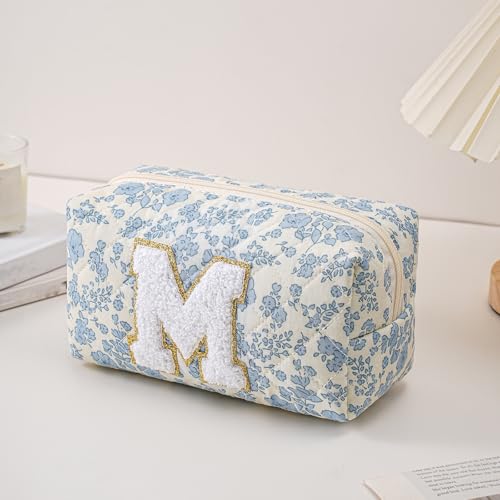 JOVAKIT Alphabet Makeup Bag Cosmetic Bag for Women, Christmas Gifts for Girls Age 6-18, Floral Flowers Coquette Travel Toiletry Zipper Make Up Pouch Organizer Trendy Stuff (Blue Floral M)2