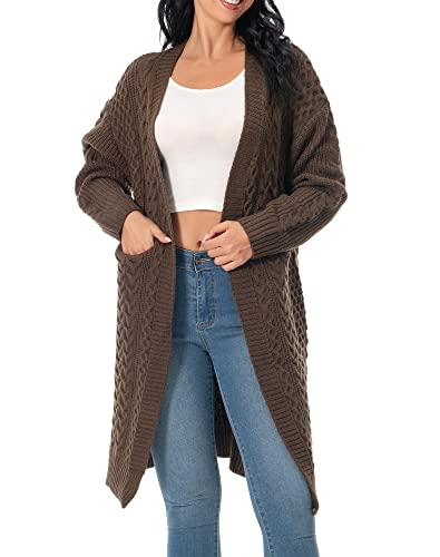 Shineflow Womens Long Sleeve Casual Cable Knit Long Cardigan Knee Length Open Front Sweater Outerwear with Pockets3