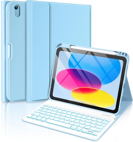 aMZCaSE for iPad 10th Generation Case with Keyboard 10.9 inch(2022),7 Color Backlight,Wireless Detachable Folio Keyboard & Pencil Holder for New iPad 10th Gen,Model: A2696 A2757 A2777,Light Blue