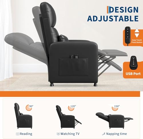 Image of Power Recliner Chair, Adjustable Electric Recliner Chair with Tall Back & Overstuffed Padding, PU Leather Single Sofa with 2 Side Pockets & USB Port, Home Theater Seating for Living Room, Black