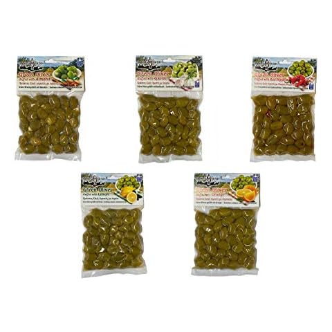 Candia Crop Greek Stuffed Olives Party Mix 1 KG: Green Olives Stuffed with Red Pepper, Lemon, Orange, Almond, Garlic (Pack of 5 X 200 g - Total 1 KG) Cover