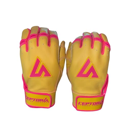CEPTORS Pink Lemonade Premium Batting Gloves – Handcrafted Nappa Leather with Water-Resistant Technology, Pink/Yellow (Adult-Short Cuff, X-Large)