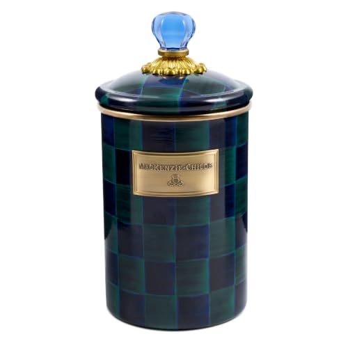 MACKENZIE-CHILDS Enamel Canister, Large, Dark-Blue-and-Green Juniper Check