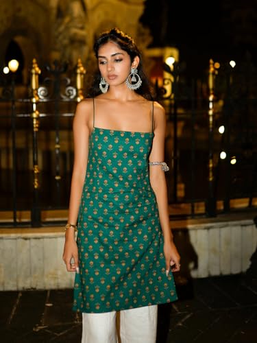 Image of GoSriKi Women's Printed Noodle Strap Short Kurti for Girls |Lace-up Back Design |Short Kurti for Women |Sleeveless Kurti Stylish