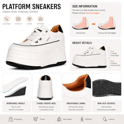 Image of Platform Sneakers For Women - (3 inch-3.5 inch )6cm Heel & 3cm Inner Lift, Comfortable Cushioned Arch Support, Non-Slip Casual Walking Shoes, Microfiber Leather Platform Shoes White Black Red Yellow