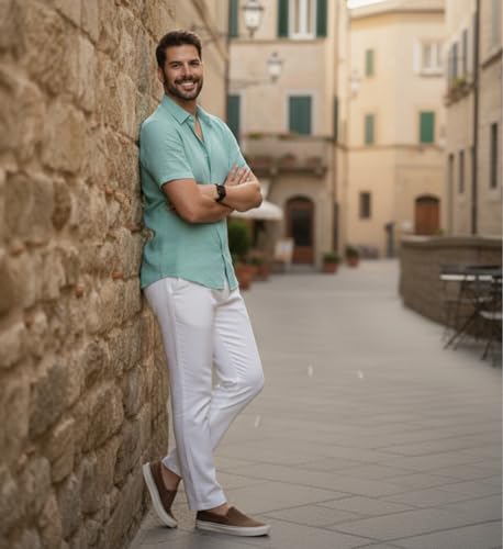 Image of Glowic Men Linen Shirt Casual Regular Fit Solid Stylish Summer Wear Shirt for Office Party Beach Holiday Lightweight Breathable Fashion Shirt