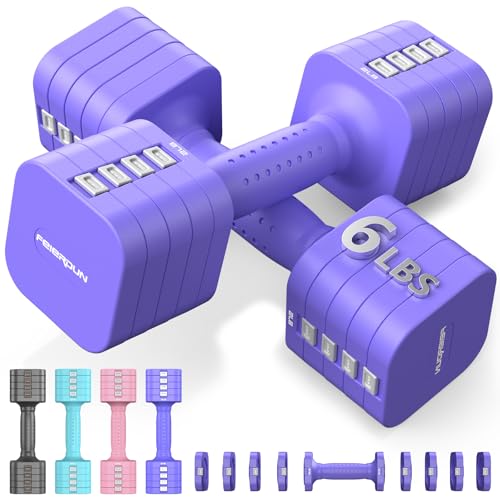 FEIERDUN 5-in-1 Adjustable Dumbbell Set of 2, 12LBS/20LBS Hand Weights for Women, Men, 1s-Adjust Dual-Stable Dumbbell Set for Women Home Gym & Outdoor 6LBS Pair (12LBS Total) D-Vivid Purple