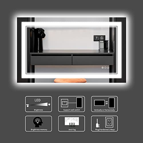 44 x 30 Inch LED Bathroom Mirror, Front Light and Backlit Lighted Vanity Mirror, Anti-Fog, Dimmable Memory, Shatterproof, Wall-Mounted