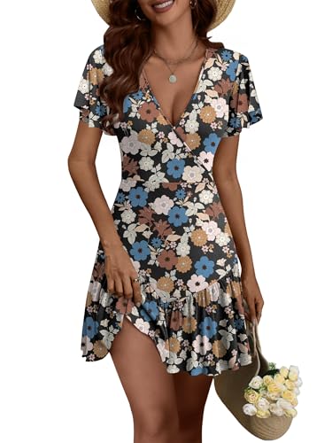 ANRABESS Womens Summer Dresses Short Sleeve Wrap V Neck A-Line Floral Mini Dress Spring Causal Boho Beach Vacation Sundress Black Floral Cluster XL
