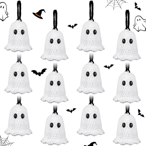Yaomiao 12 Pcs Mini Halloween Crochet Ghost Tree Ornaments Handmade Knitted Small Hanging Ghost...