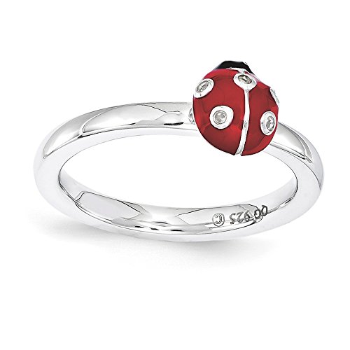 Sterling Silver Stackable Enamel .015Ctw Diamond 7mm Ladybug Ring Sz 8