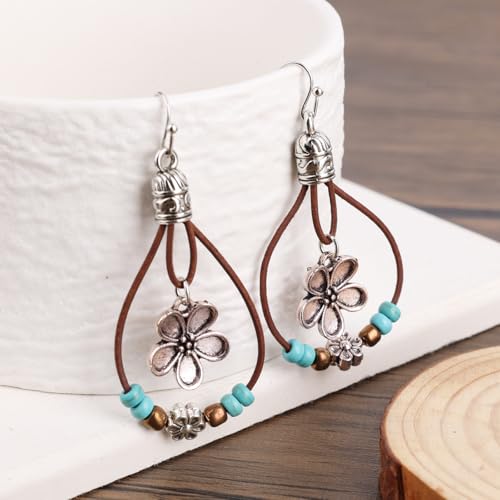 Boho Flower Earrings,Bohemian Western Leather Dangle Drop Earrings with Nature Stones Vintage Handmade Country Concert Outfits Accessories for Women Her by Mikovivi - Image 3