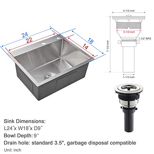 Rovogo 24 X 18 Inches Drop-In Kitchen Sink Single Bowl With 2 Holes, 304 Stainless Steel Handmade Residential Sink With Drain Kit #TOP6