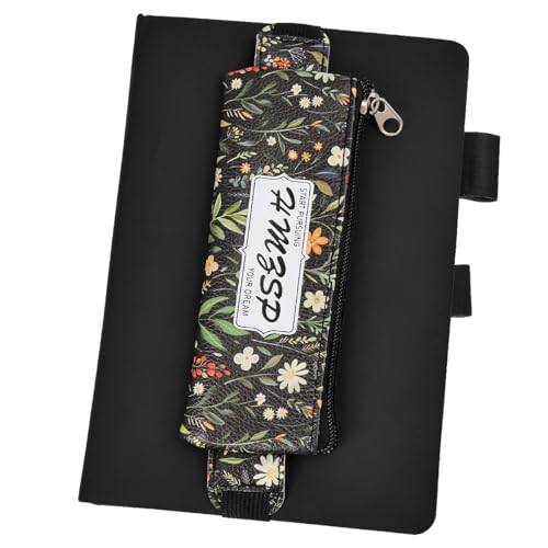 Image of Adjustable Elastic PU Pen Holder for Notebook, Stationery School Supplies Zipper Bag for Journals, Book,Planners,Black Flower,2 PCS