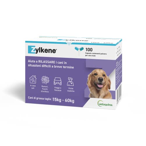 Zylkene Ergänzungsfuttermittel | Hunde über 15 kg | Entspannend bei Unwohlsein | 100 Kapseln á 450 mg