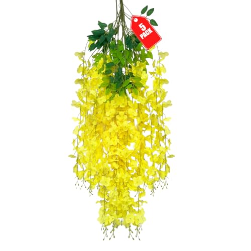 ZEBMOON 5 Pack Yellow Wisteria Hanging Flowers, 3.44 Ft Fake Hanging Flowers, Artificial Wisteria Garland Vines for Wedding Room Backdrop Outdoor Patio Garden Decoration