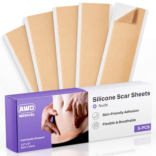 AWD Silicone Scar Sheets for Scar Removal - Silicone Scar Tape for Surgical Scars, C Section, Keloid, Tummy Tuck Tape - Silicone Skin Patches After Surgery Must Haves (5 Pcs, 1.2” x 6”), Nude