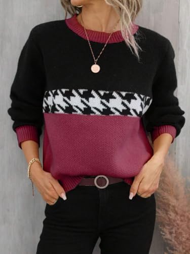 Image of chouyatou Women's Vintage Color Block Long Sleeve Pullover Sweater Houndstooth Printed Crewneck Jumper Tops