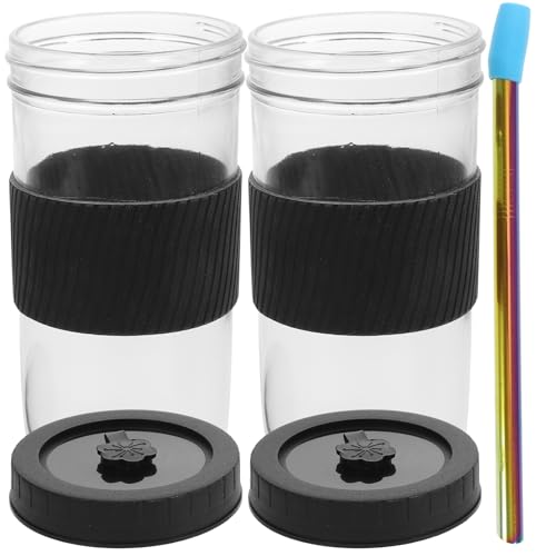 Homoyoyo Vaso de Vidrio Reutilizable con Tapa y Pajita Set de 2 Piezas con Funda de Silicona Negra Diseño a Prueba de Fugas para Jugos Café y Bebidas Frías Portátil y Fácil de Limpiar