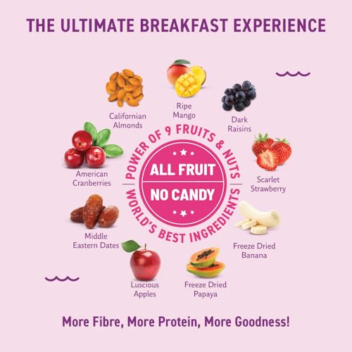 Image of Bagrry's Fruit & Nut Muesli with 30% Real Fruits, Nuts & Cranberries - 400g | 16 Real & Freeze Dried Fruits, Nuts, Seeds & Berries Muesli | No Candy | 38% High Fibre Oats, No Cornflakes | Fibre & Protein Rich Breakfast Cereal