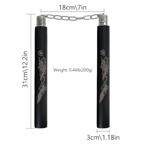 Image of Dragon Design Foam Training Nunchaku with Metal Chain | Martial Arts Practice Nunchucks | Lightweight Training Stick | Black