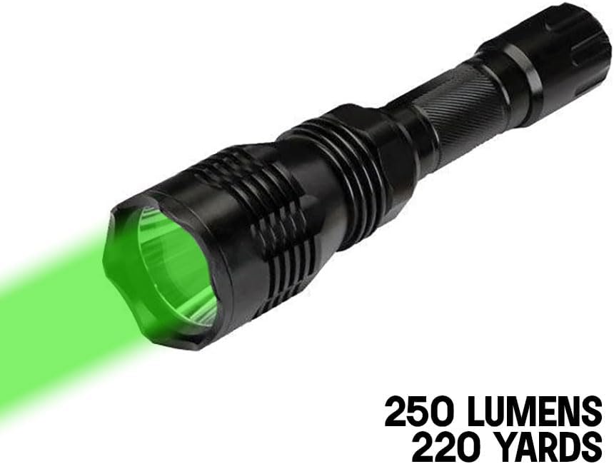 Green beam of light emitted from the Cyclops Varmint Light Kit flashlight.