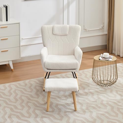 Mecedora con taburete, silla de lactancia de tela de peluche, silla de lectura con respaldo alto y bolsillos laterales, sillón mecedora con estructura de metal, silla de relax para salón, dormitorio