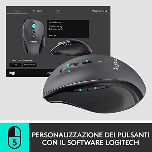 Logitech M705 Marathon Mouse Wireless, Ricevitore USB Unifying 2,4 GHz, 1000 DPI, 5 Pulsanti Programmabili, Durata Batteria di 3 Anni, Compatibile con PC, Mac, Laptop, Chromebook - Grigio