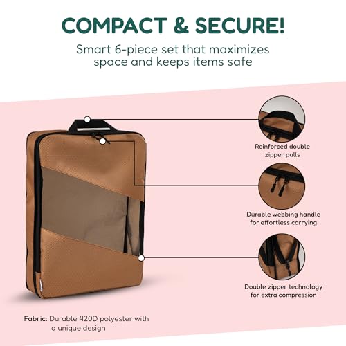 Compression Packing Cubes for Travel – 6-Pack Expandable Luggage Organizer Bags | Lightweight Storage Solution for Suitcase, Backpack & Carry-On | Travel Accessories for Men & Women (Brown & Camel)3