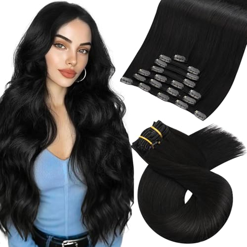 Moresoo Black Clip in Hair Extensions Straight Remy Double Weft Human Hair Clip in Extensions Straight Hair Extensions for Women Natural Black #1B 7pcs 120g 18inch