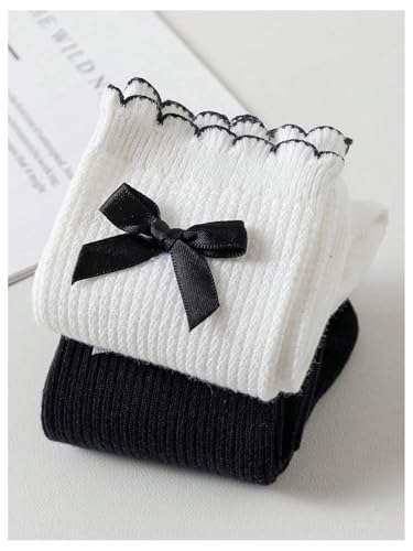 Image of Verdusa Women's 2 Pairs Bow Knot Scallop Edge Ribbed Crew Socks Black and White one size