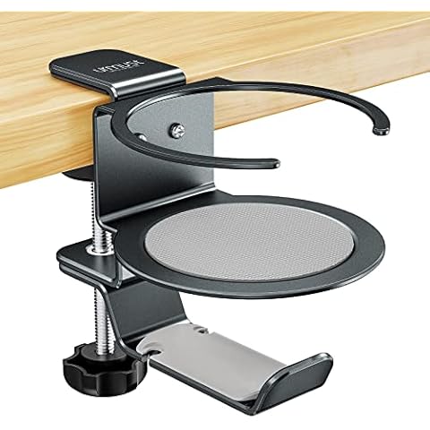 Urmust Cup Holder for Desk Headphone Hanger 2-in-1 for PC Gaming, Adjustable Metal Desk Cup Holder with Rubber Pad and 360° Rotation Bracket, Universal Eadphone Hanger Hook(Gray) Cover