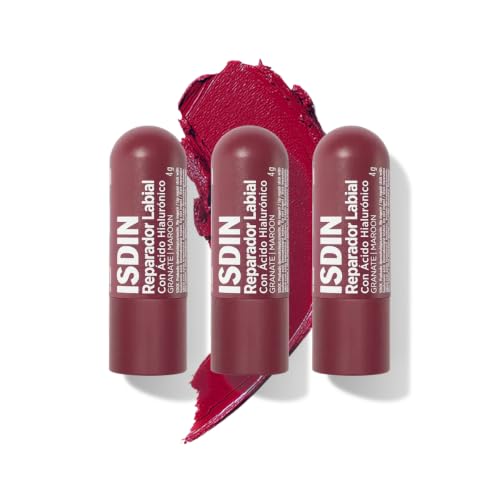ISDIN Reparador Labial Granate Pack TRIO (3 unidades) | Bálsamo labial con color y ácido hialurónico | Protege los labios secos o agrietados y ayuda a reducir la sensación de sequedad