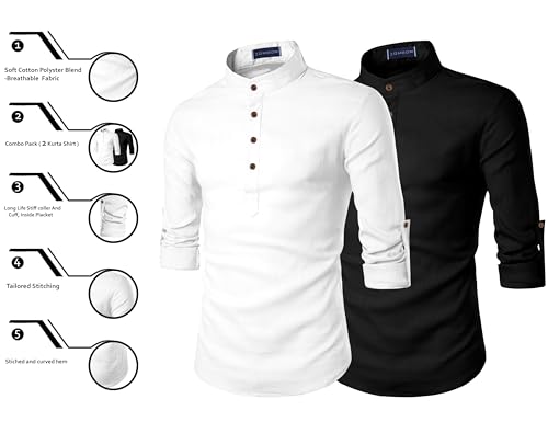Image of Zombom Men's Combo Cotton Polyester Blend Solid Full Sleeve Straight Regular Fit Mandarin /Chinese Collor Kurta (Pack of 2)