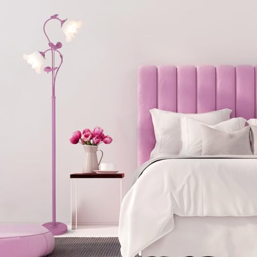 Image of HMVPL Purple Floral Floor Lamp, Girls Flower Floor Lamp for Bedroom, Cute Lotus Standing Lamp with 2 LED 5W Blubs, Foot Switch, Unique Flower Tall Lamp for Living Room Kids Nursery Bedside Corner
