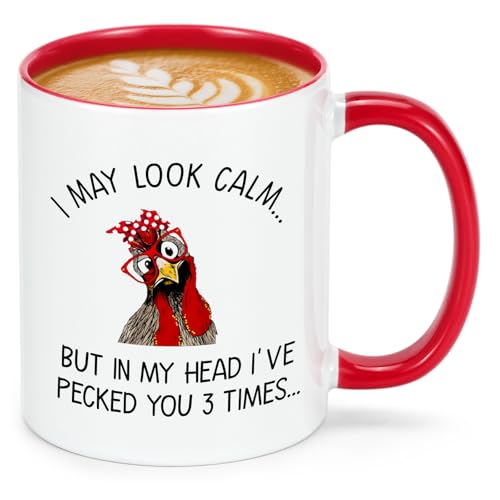 Cabtnca Funny Chicken Rooster Gift Mug for Farmer, Funny Thanksgiving Christmas Chicken Gifts for Women Farmhouse Chicken Lover, I May Look Calm But In My Head I've Pecked You 3 Times Coffee Cup 11 Oz
