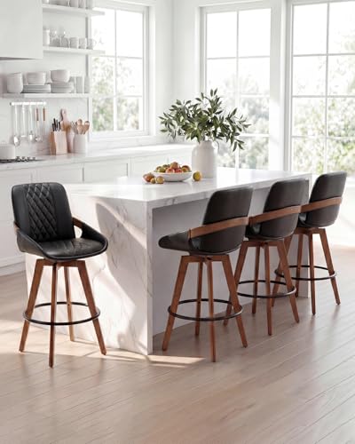Image of AQG Bar Height Bar Stools Set of 4, Mid Century Modern Bar Chairs Swivel with Back, Faux Leather Upholstered Barstools Walnut Wood Frame for Kitchen Island (Black, 30 Inch - 4 PCS)