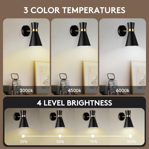Image of Battery Operated Wall Sconce Set of 2, Modern Decor Black with Gold Rechargeable Wireless Sconce with Remote Control, Dimmable 10 Colors 5200mah Adjustable Battery Wall Light for Bedroom Living Room