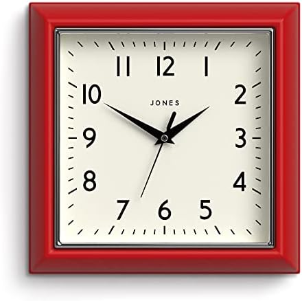 Jones Clocks® Mustard Square Retro Wall Clock Modern Colour Design Perfect as a Kitchen Clock, Living Room Wall Clock or Office Clock with Easy to Read Numbers 25cm (Black)