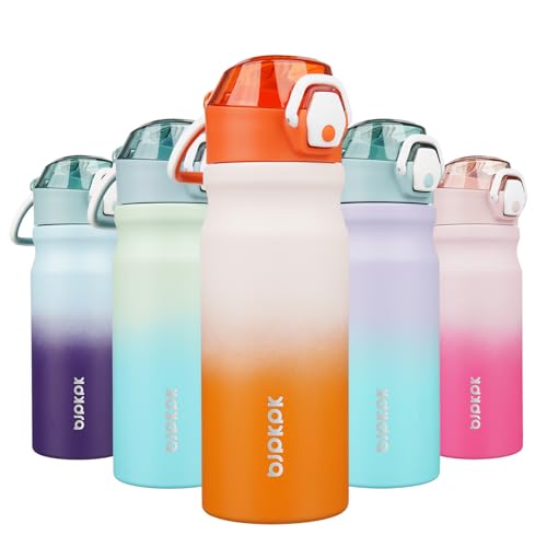 Image of BJPKPK 18 oz Water Bottle with Straw & Handle, Insulated Stainless Flask | Leak Proof Locking Lid, Thermal, Double Wall Vacuum, Keeps Hot /Cold, BPA Free, Dishwasher Safe, Travel & Sports, Coral