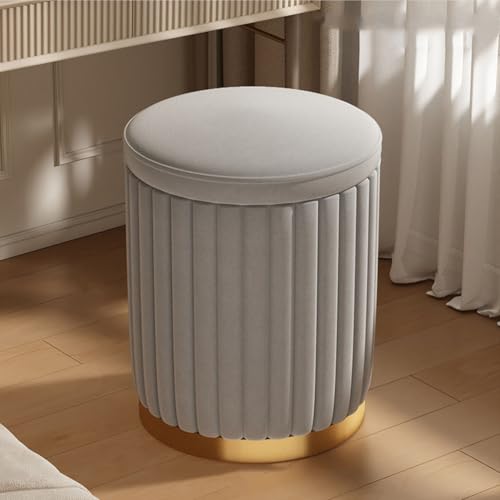 Silla redonda de tocador con almacenamiento, taburete tapizado de franela, taburete de maquillaje con base de metal, elegante asiento gris para tocador, comedor, dormitorio, 34 x 45 cm