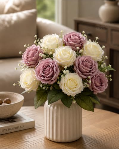Image of Divyakosh Artificial Rose Flower Bouquet, 10 Roses (5 Dusty Mauve & 5 Ivory White) with Green Leave, Faux Floral Arrangement for Living Room, Bedroom, Office, Wedding & Home Decor (Vase Not Included)